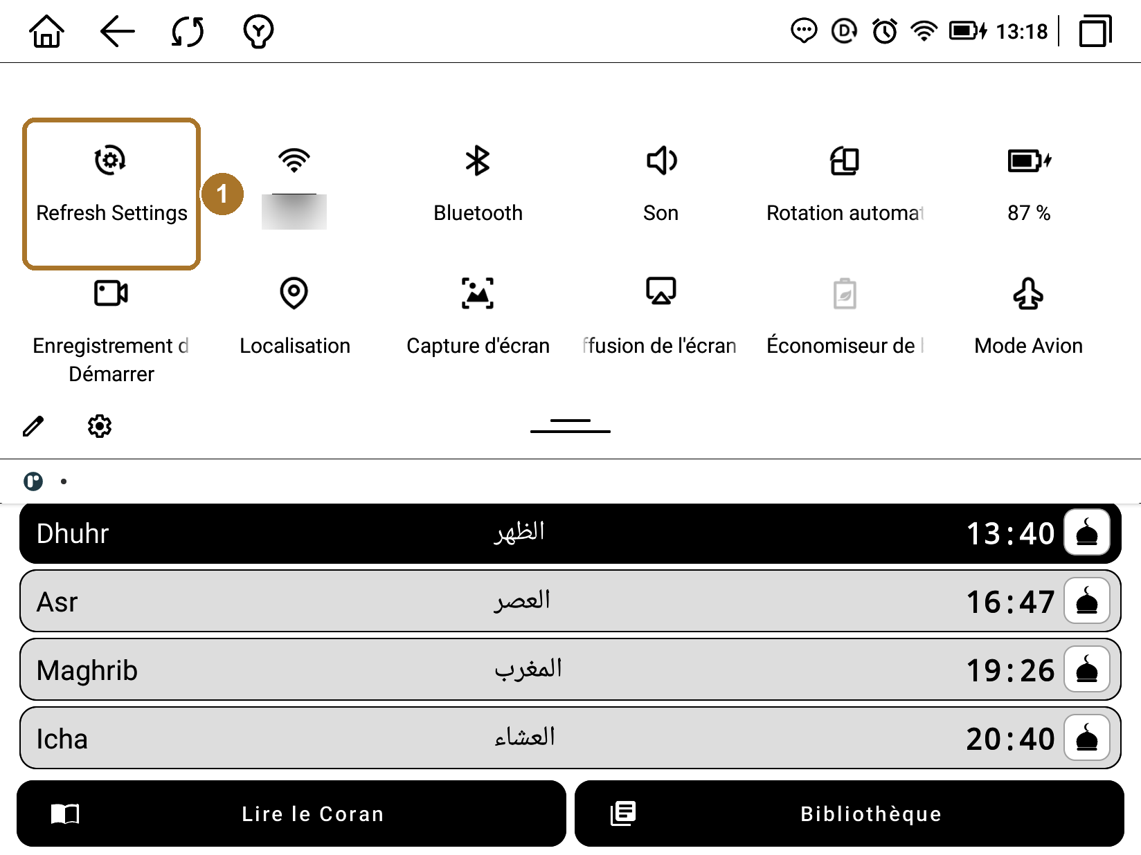 La tuile Refresh Settings dans la barre du haut