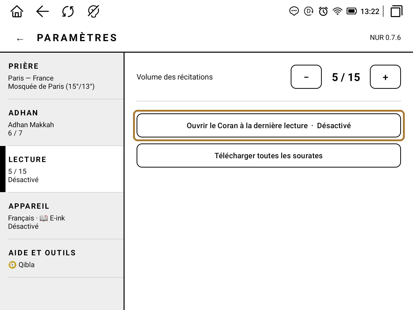 Réglage : ouvrir le Coran à la dernière lecture