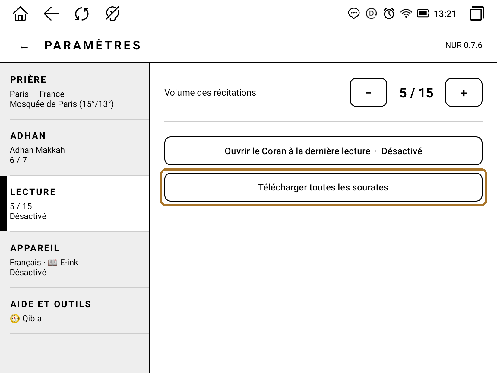 Réglages : télécharger toutes les sourates