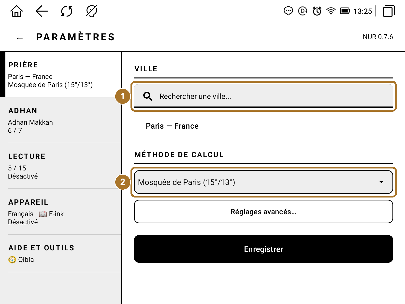 Réglages : ville et méthode de calcul