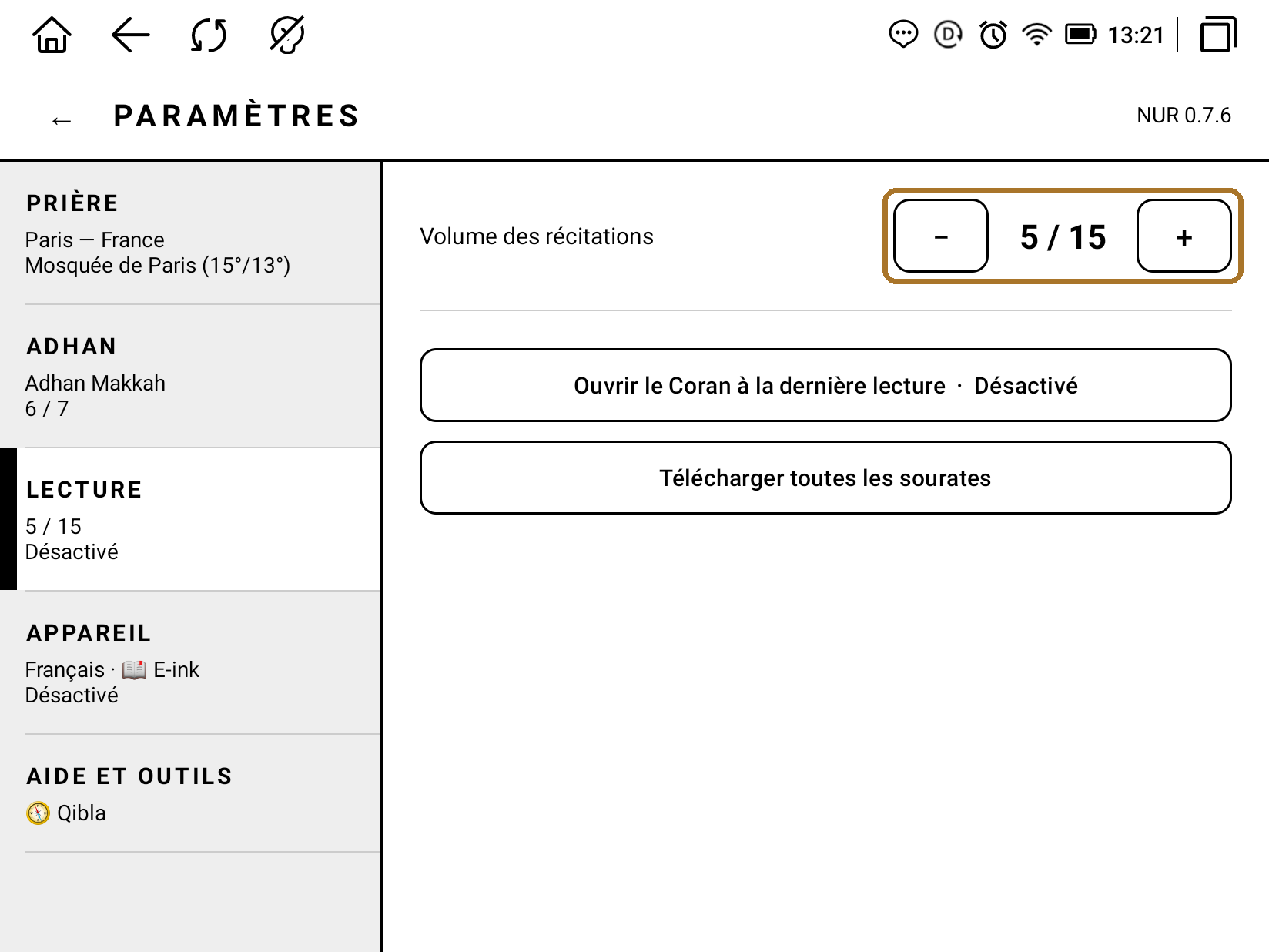 Réglages NUR, section Lecture : volume des récitations