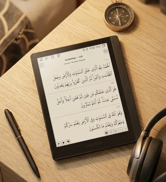 La tablette NUR affichant le Coran, posée sur un bureau